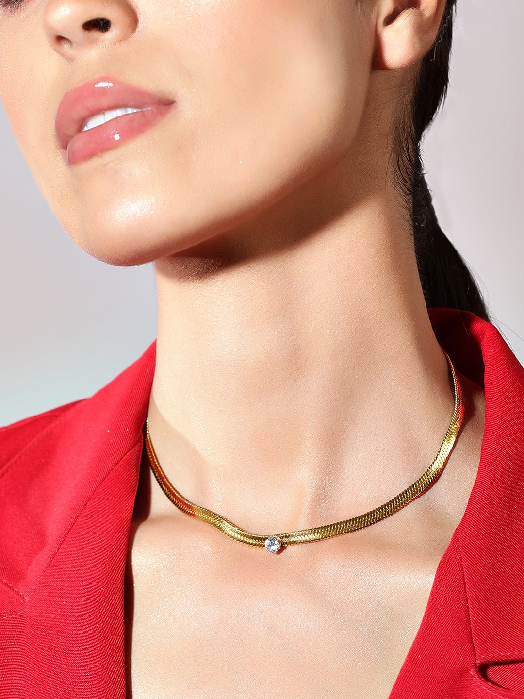 Black Pearll Voguish 18K Gold Plated Stainless Steel Waterproof Snake Chain With A Solitaire Zircon Studded Choker.
