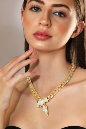 Crystal Studded Snake Pattern Gold Necklace