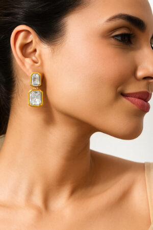 Gold Toned White Crystal Drop Earrings