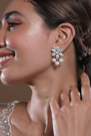 Opulent Bloom American Diamond Zirconia Pearl Drop Earrings