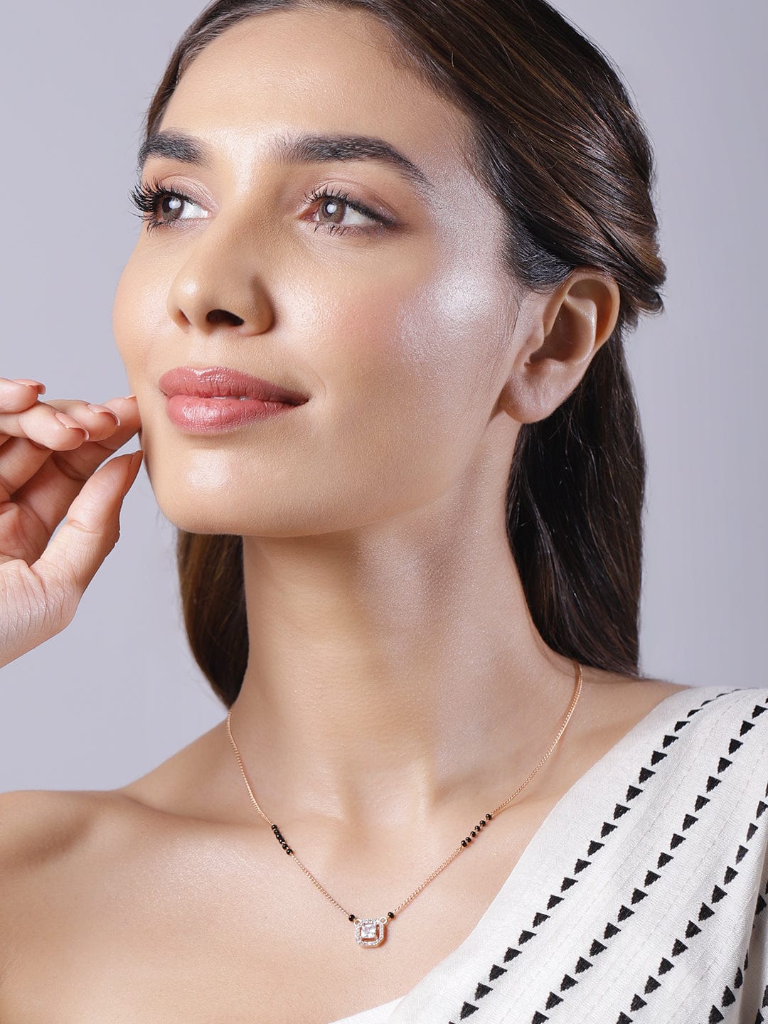 Women Rose Gold Plated CZ Stone Studded Black Beads Mangalsutra